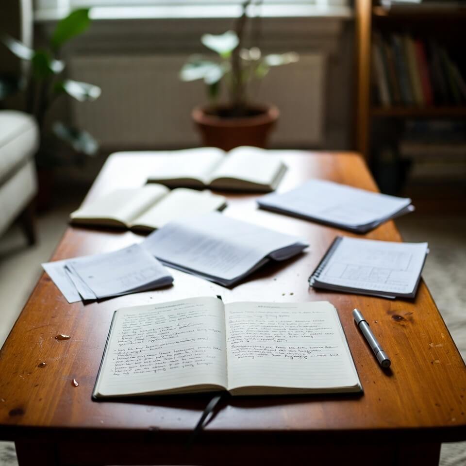 Scratched coffee table with tea rings, messy crossed-out journaling