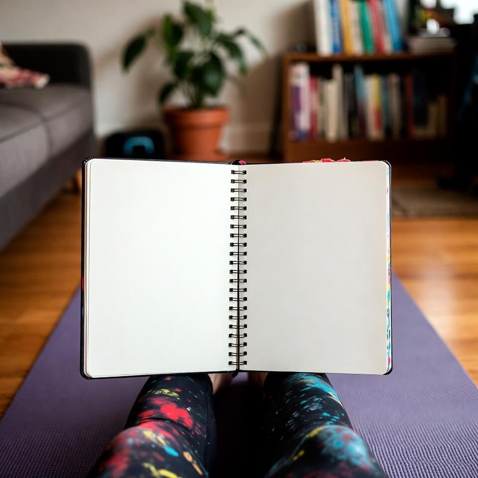 Low-angle sketchbook on yoga mat with paint-splattered leggings.