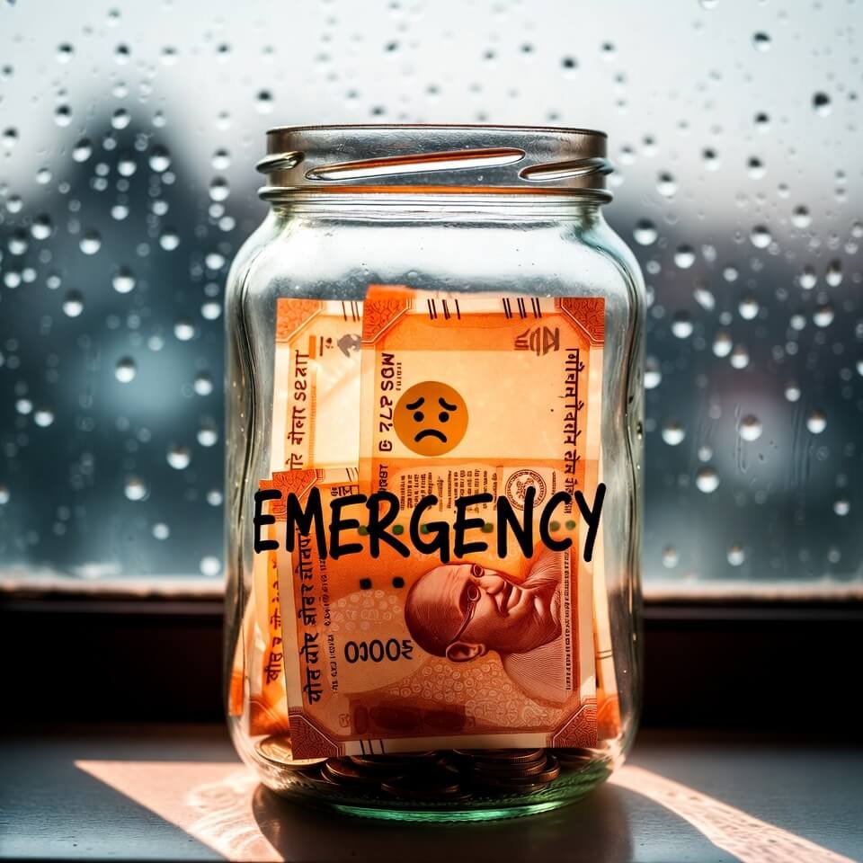 Nearly empty emergency savings jar on rainy windowsill