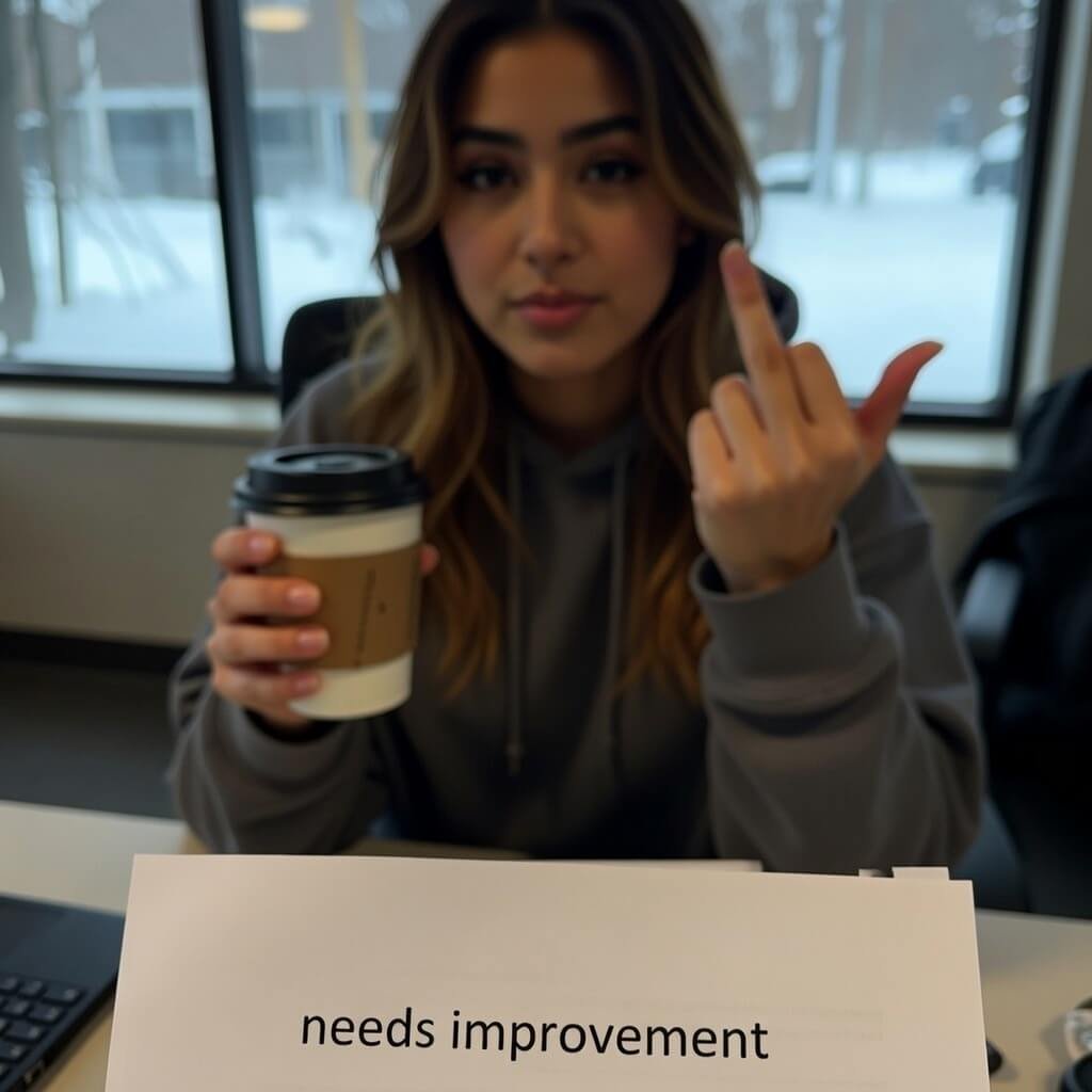 Woman in hoodie flipping off "needs improvement" review with coffee, snowy window.