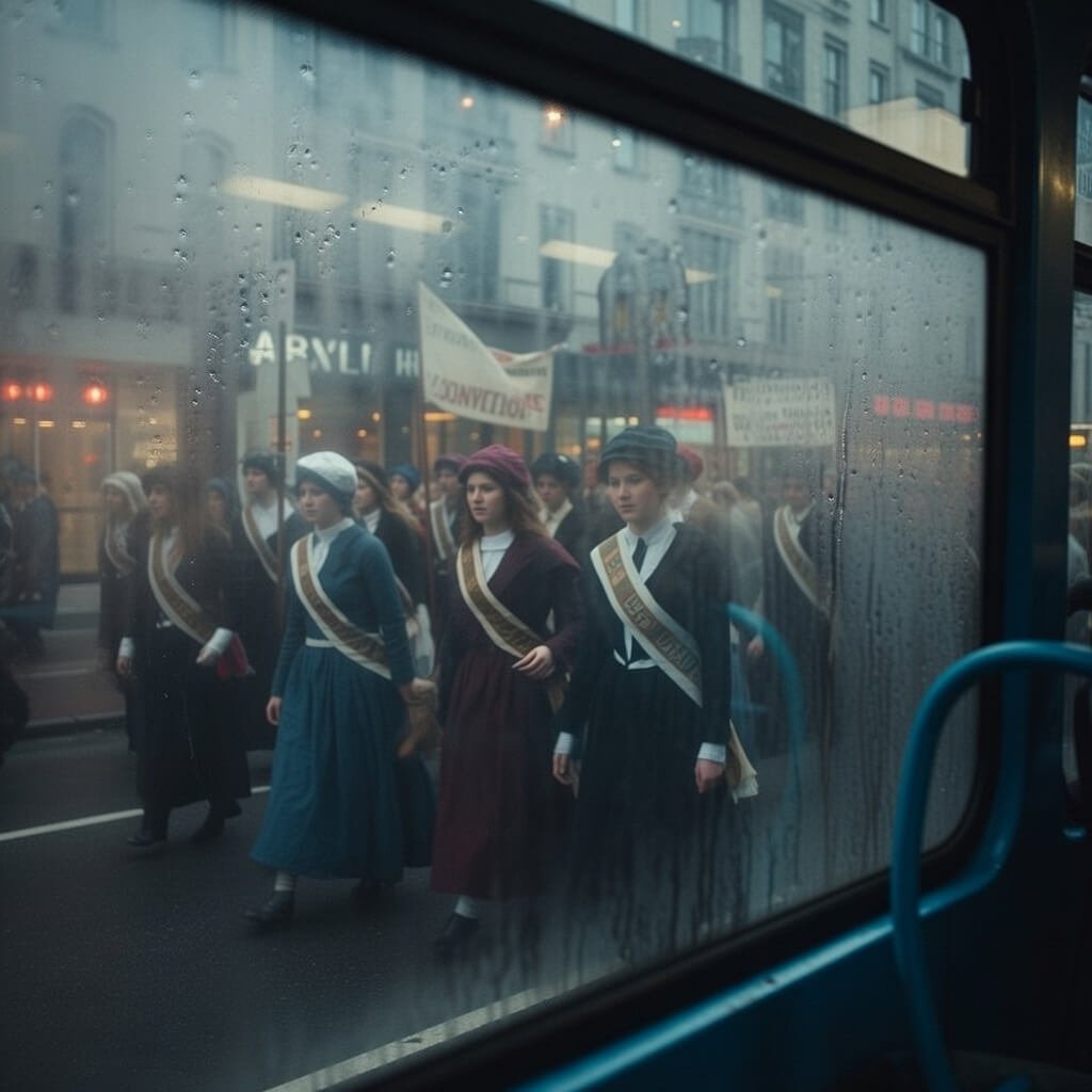 Suffragettes viewed through foggy glass, personal imperfect angle with modern city reflection overlay.