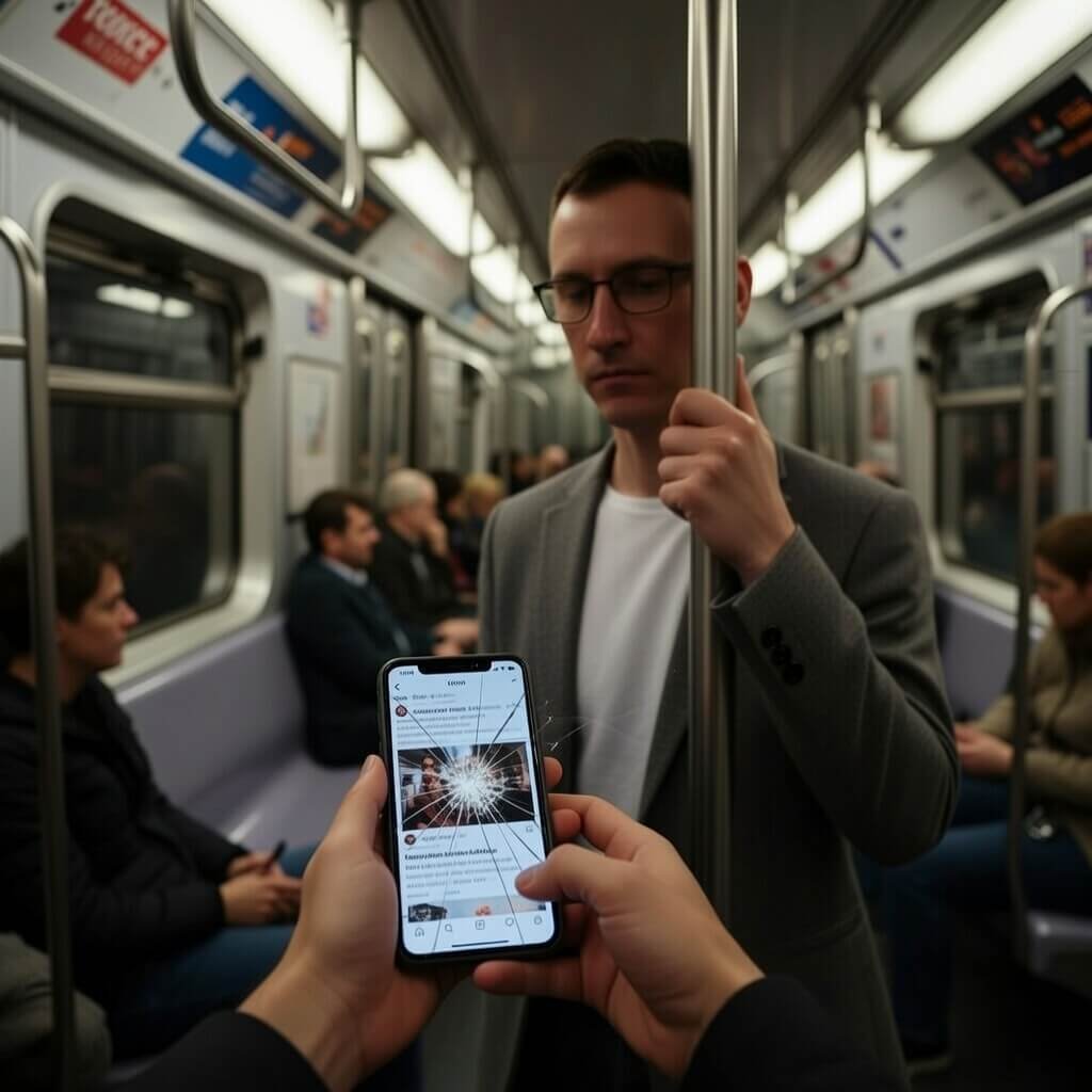 Cracked phone screen showing protest hope on subway ride