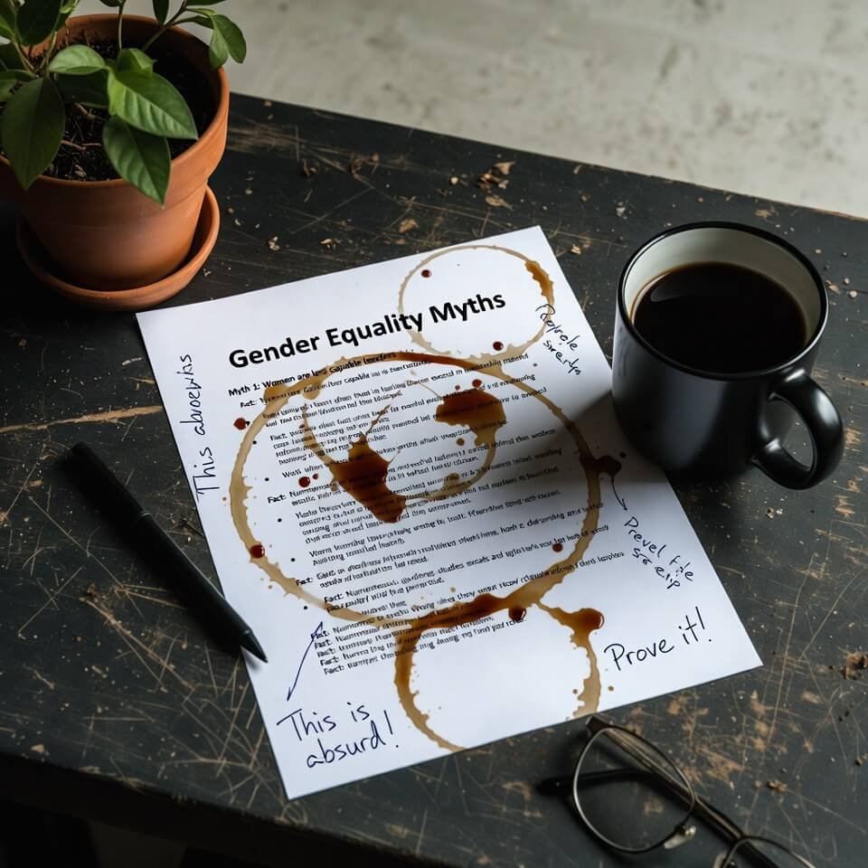 Coffee-stained gender equality myths list with angry notes