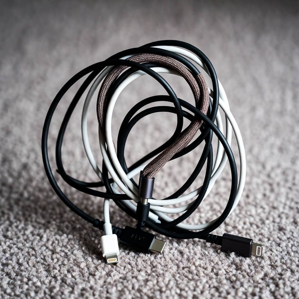 Tangled charger cables forming a question mark on carpet