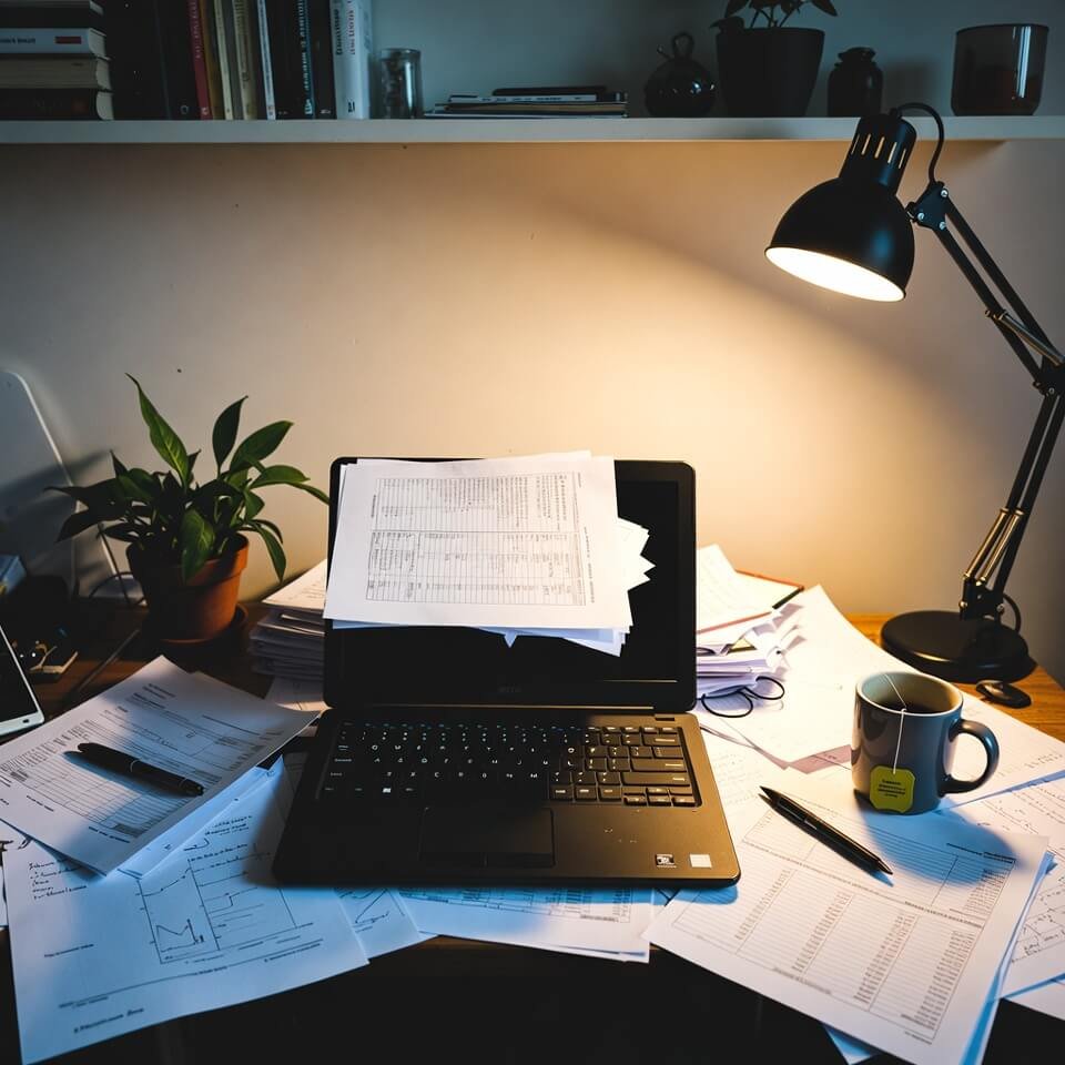 Chaotic desk with spilled chai and salary papers.
