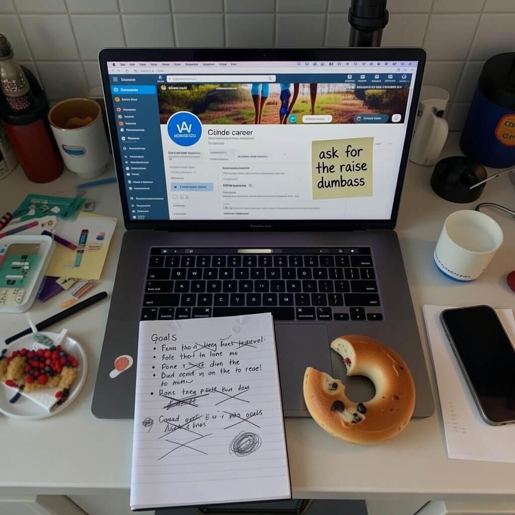 Messy kitchen counter workspace with LinkedIn, crossed-out goals, and "ask for the raise dumbass" note.