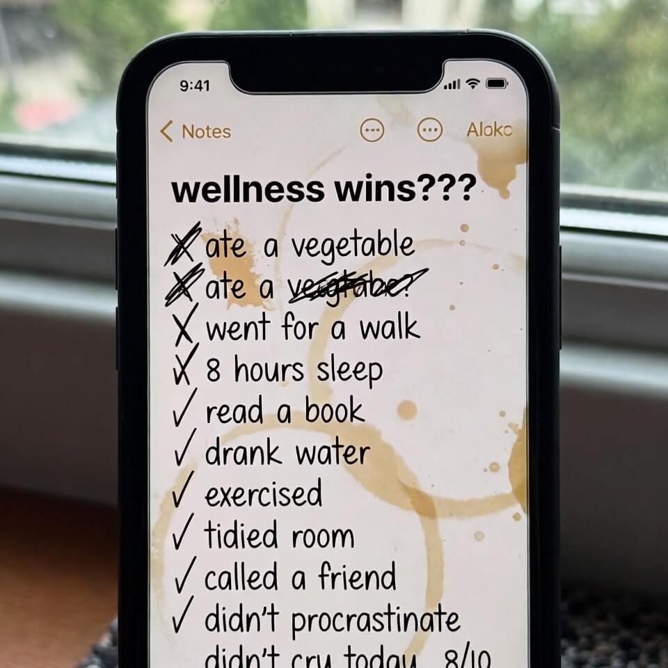 Notes app "wellness wins???" list with crossed-out tasks and coffee stains.