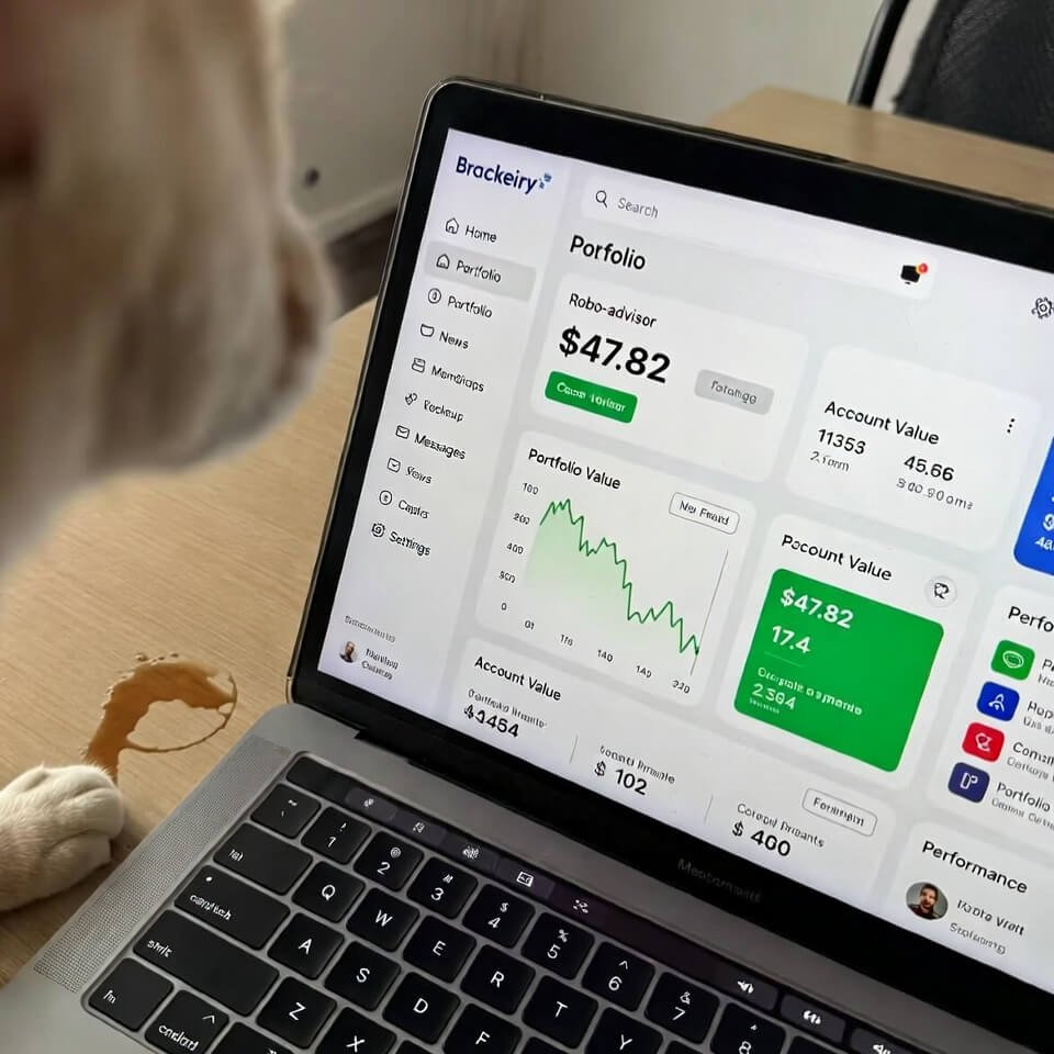 Laptop showing $47.82 robo-advisor balance, coffee stain, cat paw