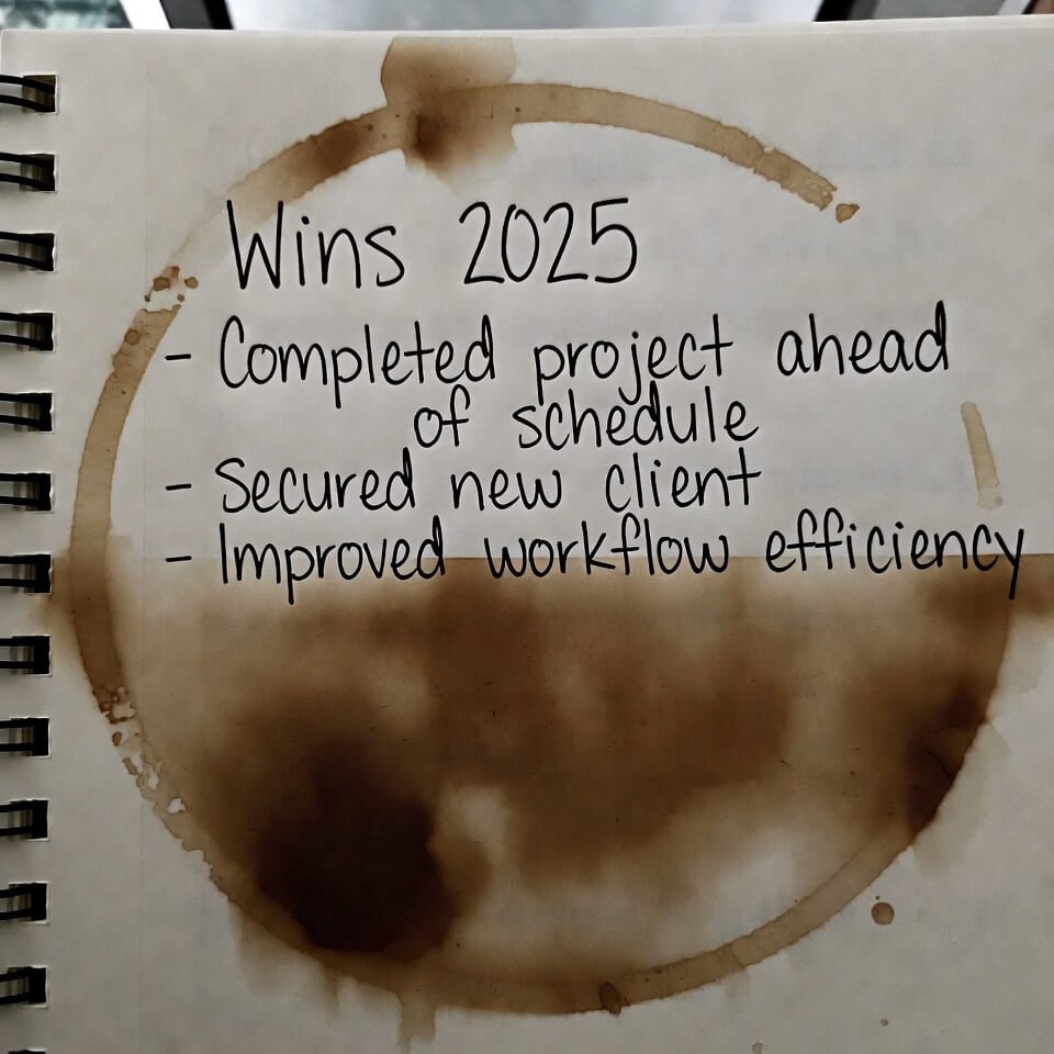 Coffee-stained notebook page titled "Wins 2025" with three bullets