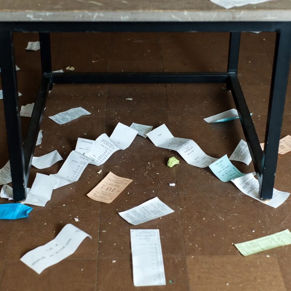 Scattered receipts forming upward arrow under coffee table