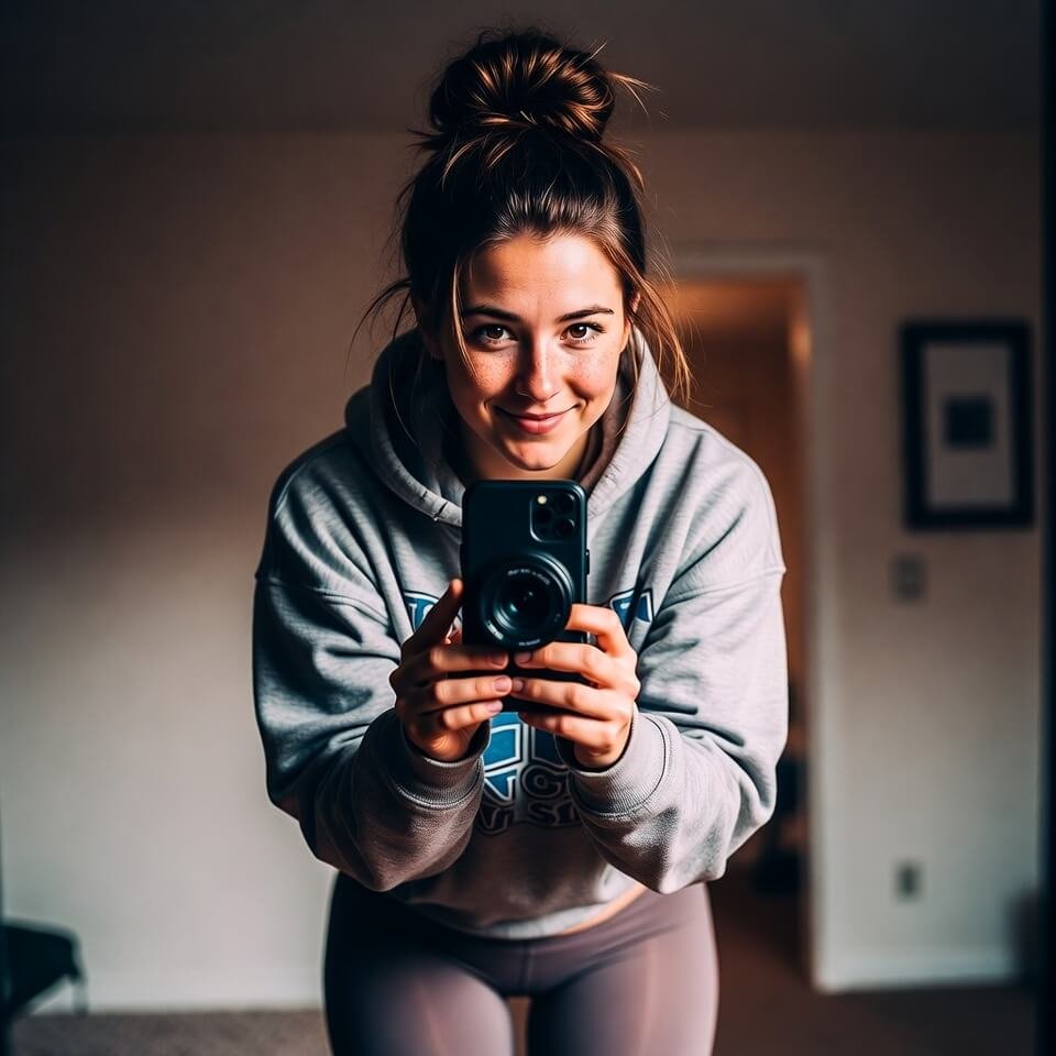 Mirror selfie in hoodie and leggings with messy bun and wry smile
