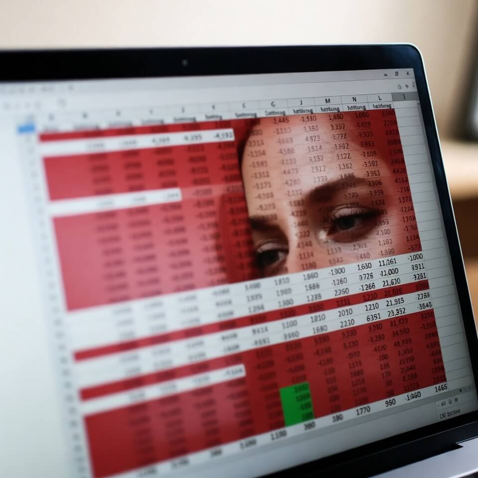 Exhausted face reflected on red-heavy budget spreadsheet with one green win