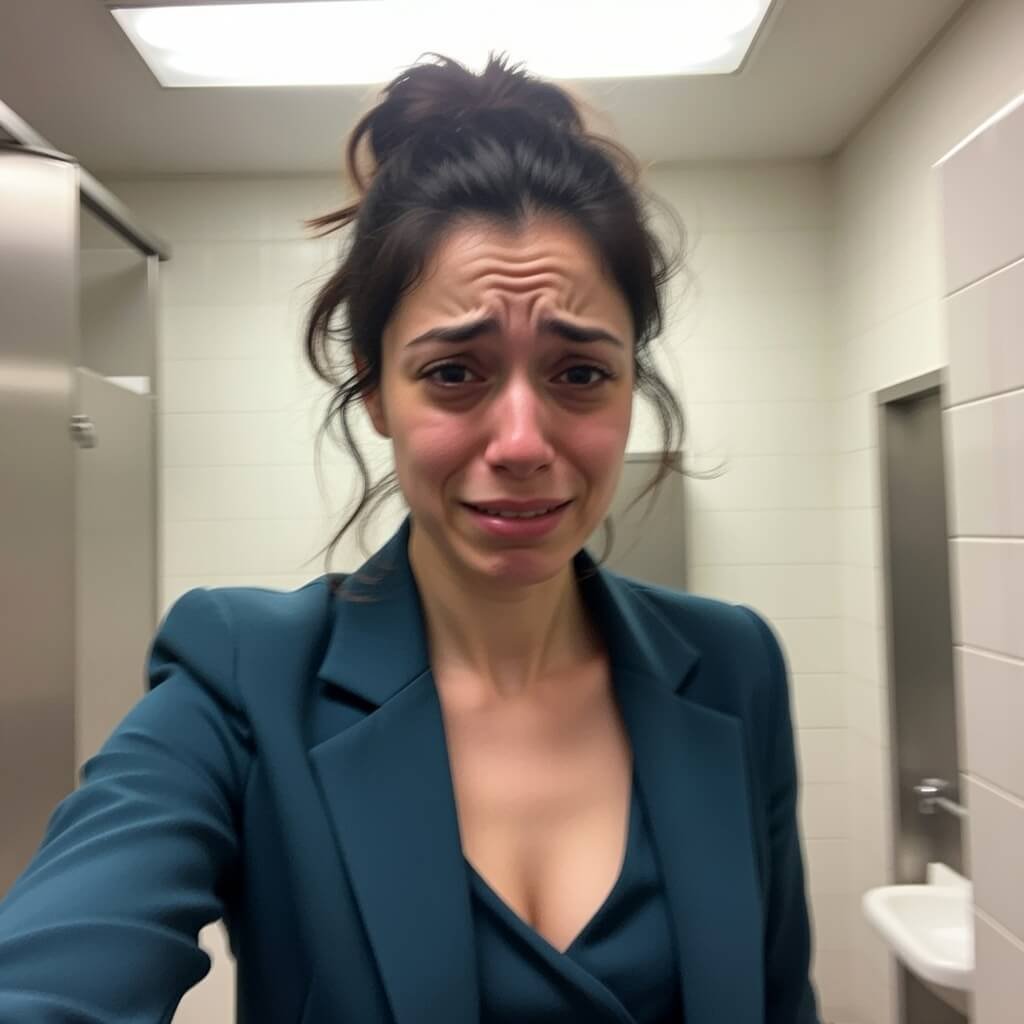 Tearful office bathroom selfie after harsh feedback