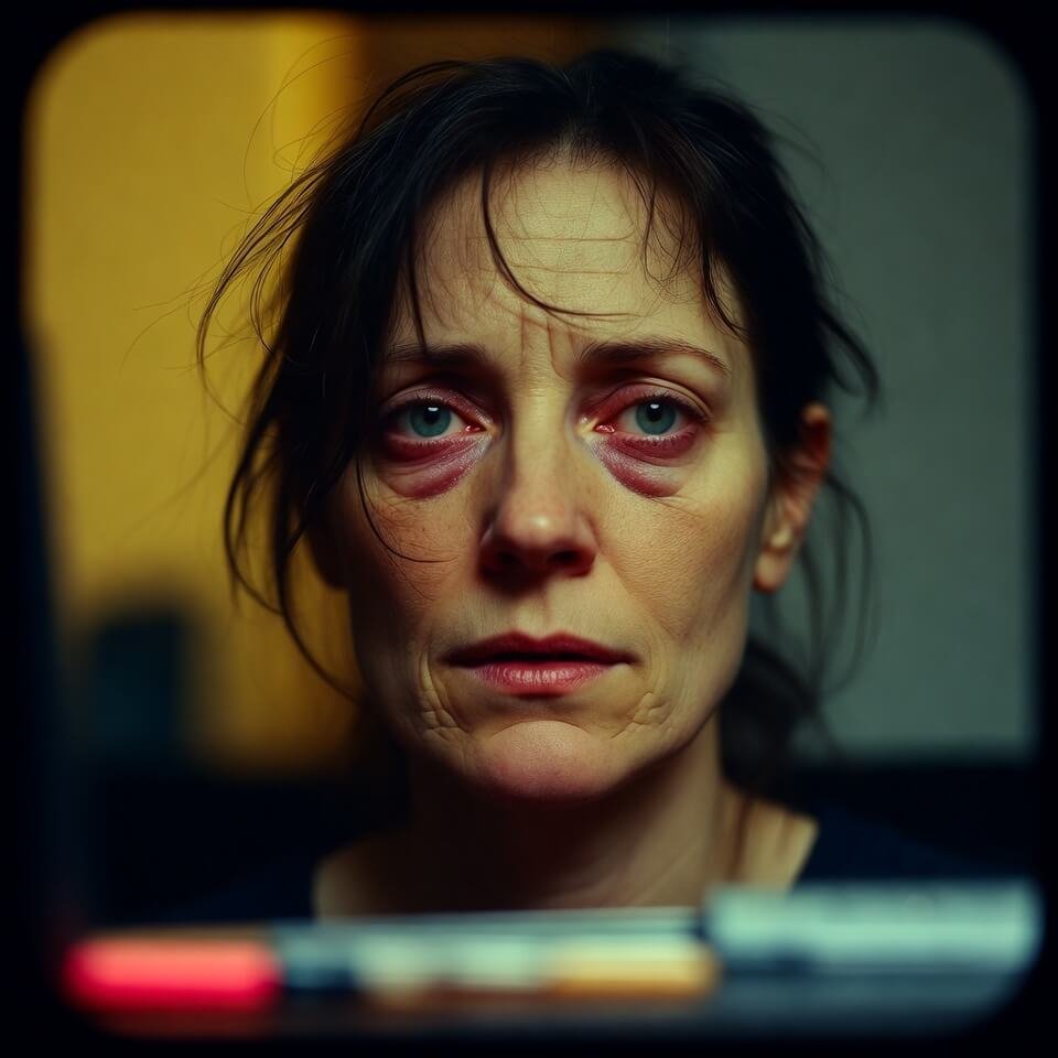 Grainy bloodshot 2am selfie staring at code errors.