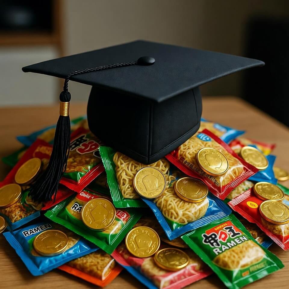 Surreal graduation cap on ramen turning into gold coins.